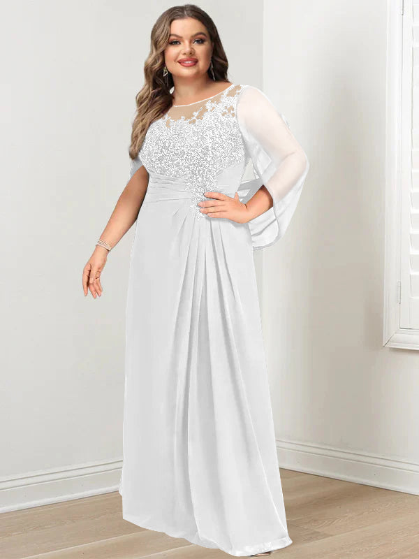 Plus Size Long Mother of the Bride A Line Dress with Scoop Neckline Pleats and Sequins