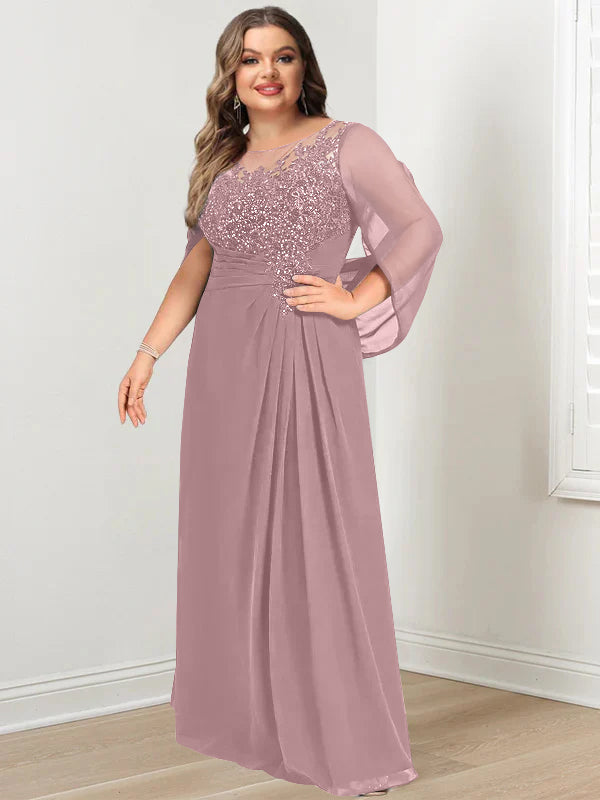 Plus Size Long Mother of the Bride A Line Dress with Scoop Neckline Pleats and Sequins