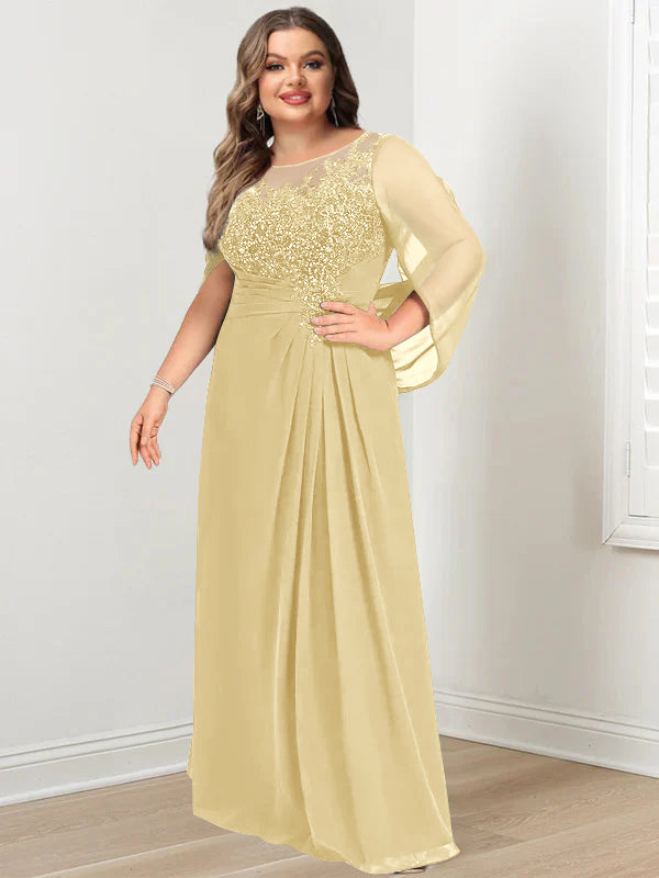 Plus Size Long Mother of the Bride A Line Dress with Scoop Neckline Pleats and Sequins