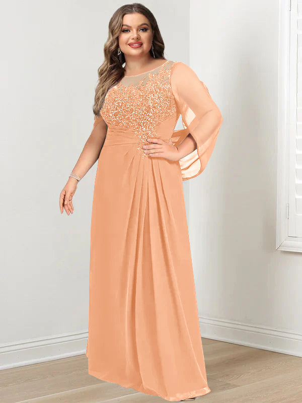 Plus Size Long Mother of the Bride A Line Dress with Scoop Neckline Pleats and Sequins