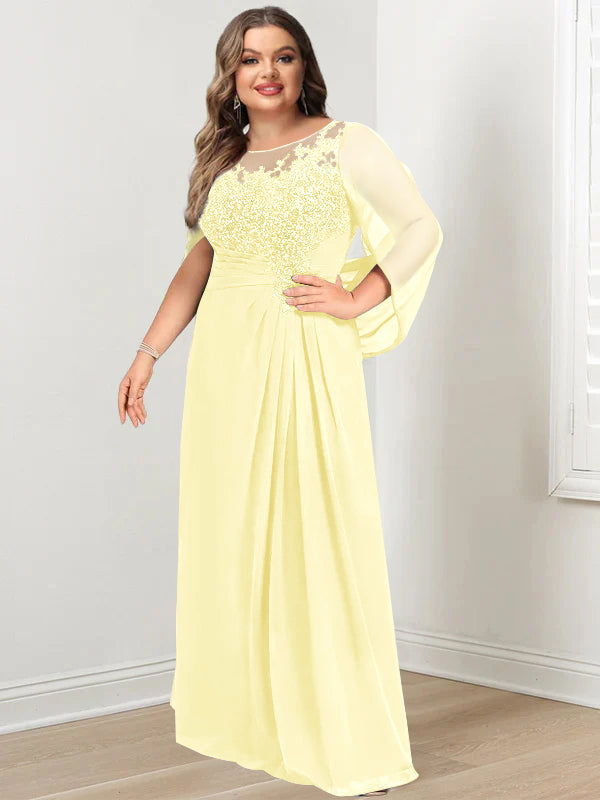 Plus Size Long Mother of the Bride A Line Dress with Scoop Neckline Pleats and Sequins
