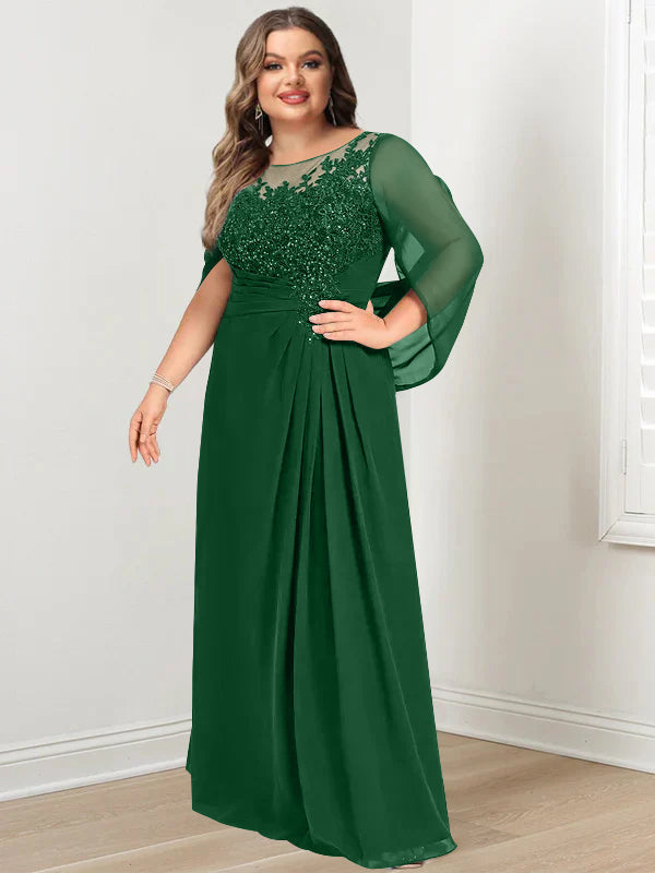 Plus Size Long Mother of the Bride A Line Dress with Scoop Neckline Pleats and Sequins