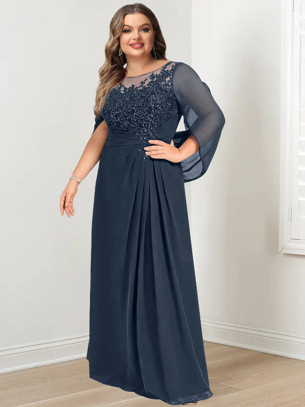 Plus Size Long Mother of the Bride A Line Dress with Scoop Neckline Pleats and Sequins