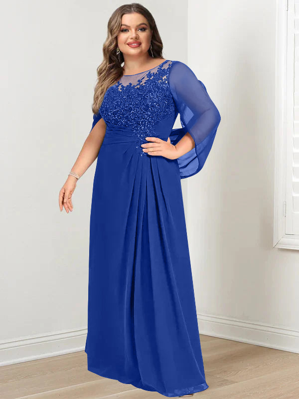 Plus Size Long Mother of the Bride A Line Dress with Scoop Neckline Pleats and Sequins