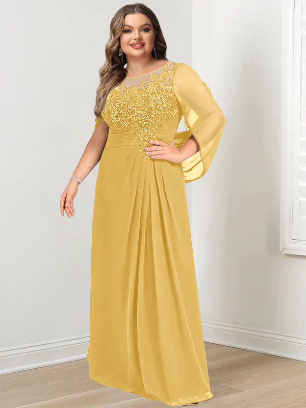 Plus Size Long Mother of the Bride A Line Dress with Scoop Neckline Pleats and Sequins