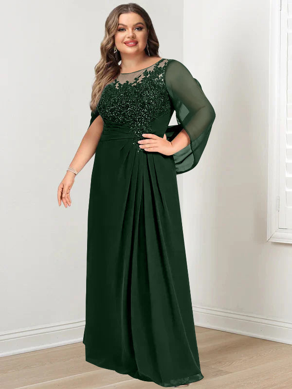 Plus Size Long Mother of the Bride A Line Dress with Scoop Neckline Pleats and Sequins