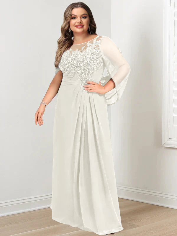 Plus Size Long Mother of the Bride A Line Dress with Scoop Neckline Pleats and Sequins