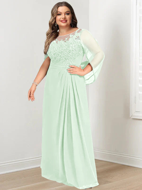 Plus Size Long Mother of the Bride A Line Dress with Scoop Neckline Pleats and Sequins