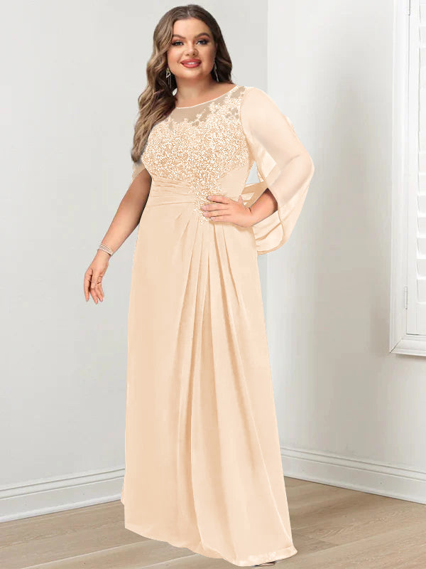 Plus Size Long Mother of the Bride A Line Dress with Scoop Neckline Pleats and Sequins