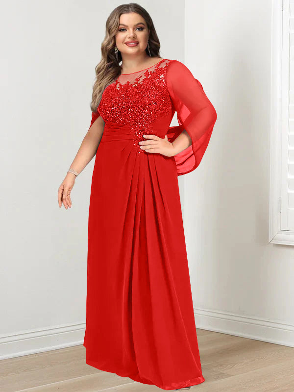 Plus Size Long Mother of the Bride A Line Dress with Scoop Neckline Pleats and Sequins