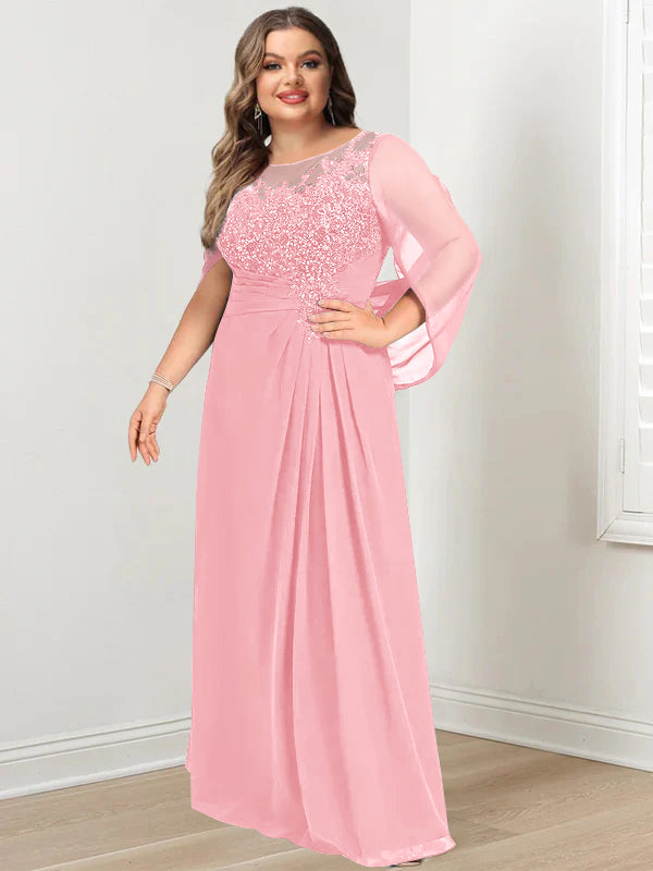 Plus Size Long Mother of the Bride A Line Dress with Scoop Neckline Pleats and Sequins