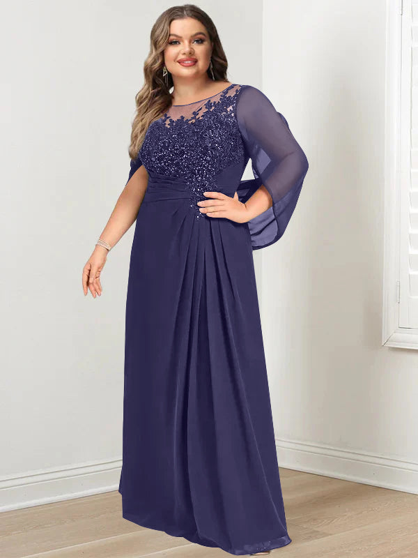 Plus Size Long Mother of the Bride A Line Dress with Scoop Neckline Pleats and Sequins