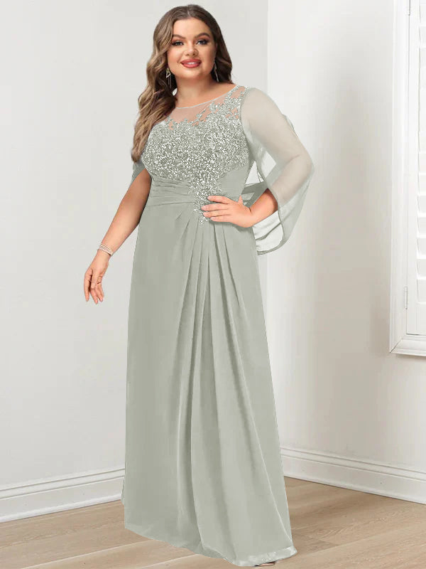 Plus Size Long Mother of the Bride A Line Dress with Scoop Neckline Pleats and Sequins