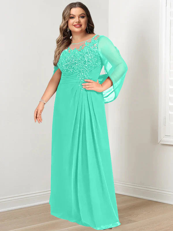 Plus Size Long Mother of the Bride A Line Dress with Scoop Neckline Pleats and Sequins
