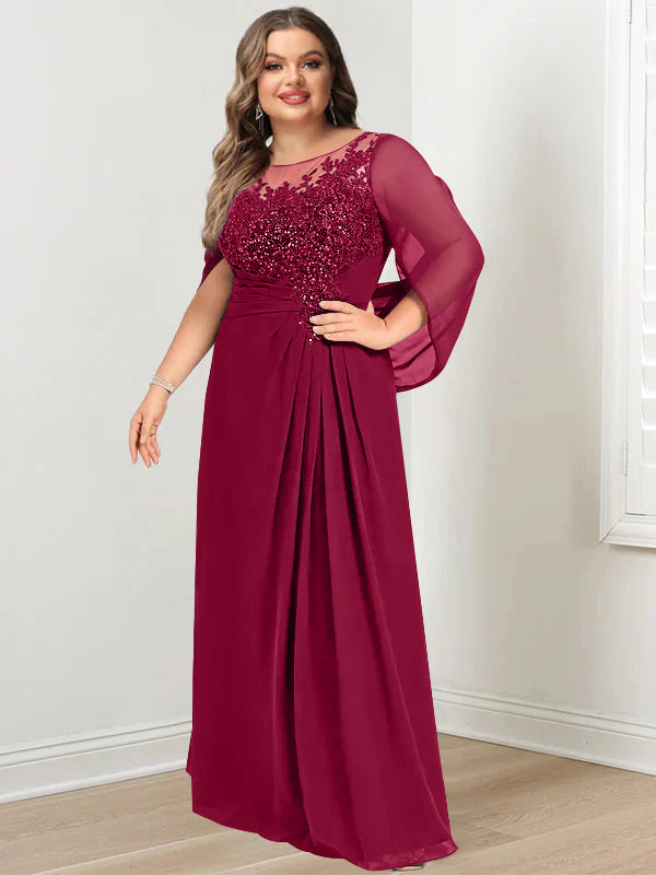 Plus Size Long Mother of the Bride A Line Dress with Scoop Neckline Pleats and Sequins