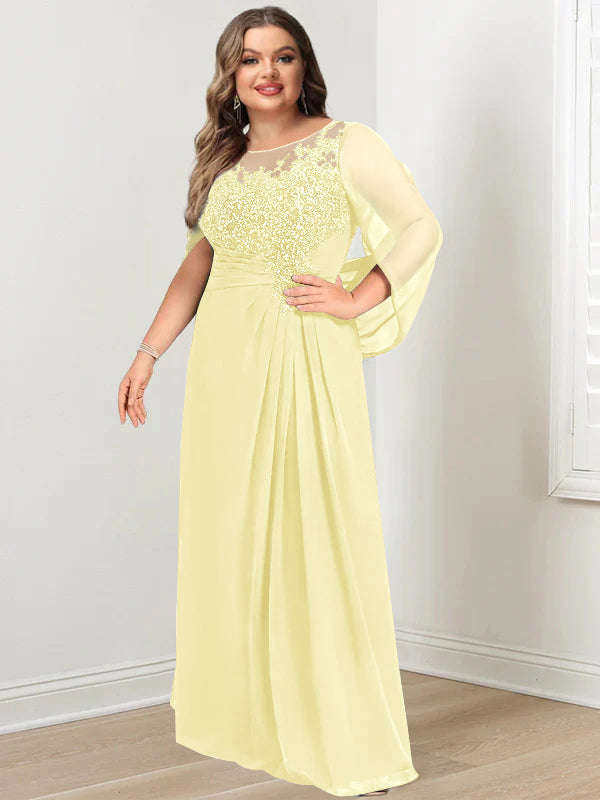 Plus Size Long Mother of the Bride A Line Dress with Scoop Neckline Pleats and Sequins