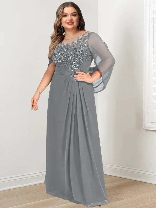 Plus Size Long Mother of the Bride A Line Dress with Scoop Neckline Pleats and Sequins