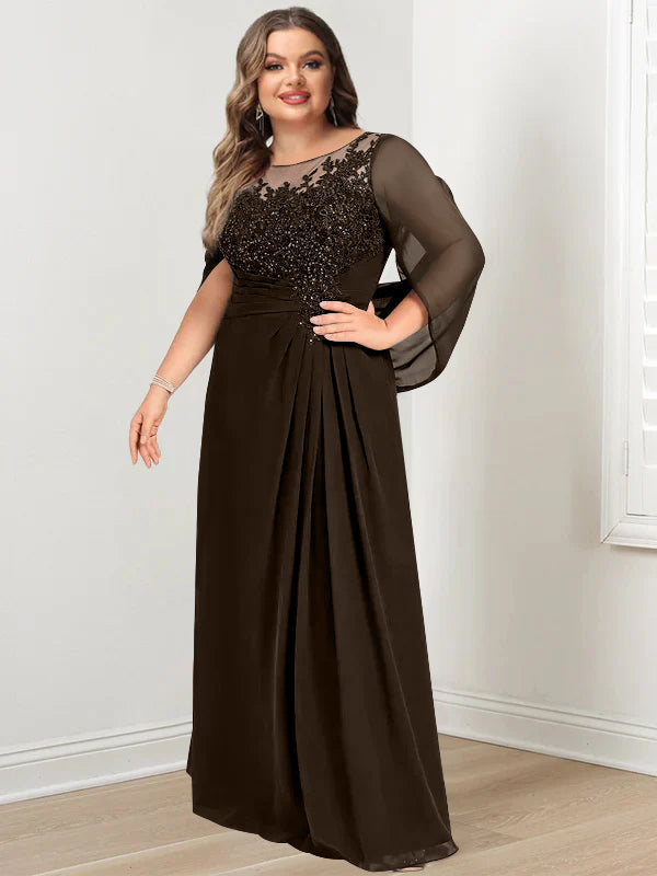 Plus Size Long Mother of the Bride A Line Dress with Scoop Neckline Pleats and Sequins
