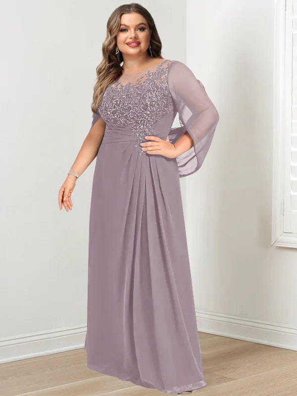 Plus Size Long Mother of the Bride A Line Dress with Scoop Neckline Pleats and Sequins