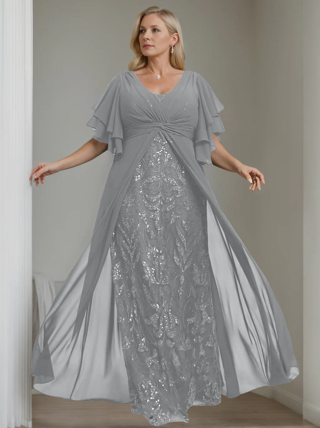 Plus Size Long Mother of the Bride A Line Dress with V Neck and Half Sleeves