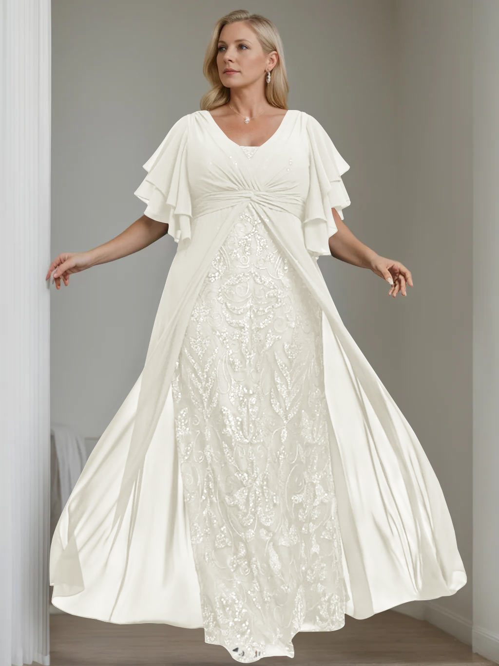 Plus Size Long Mother of the Bride A Line Dress with V Neck and Half Sleeves