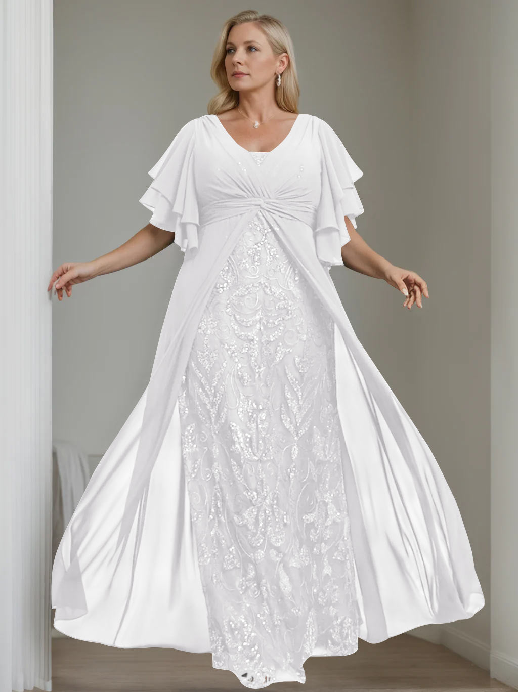 Plus Size Long Mother of the Bride A Line Dress with V Neck and Half Sleeves