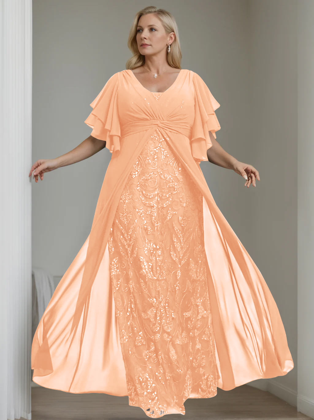 Plus Size Long Mother of the Bride A Line Dress with V Neck and Half Sleeves