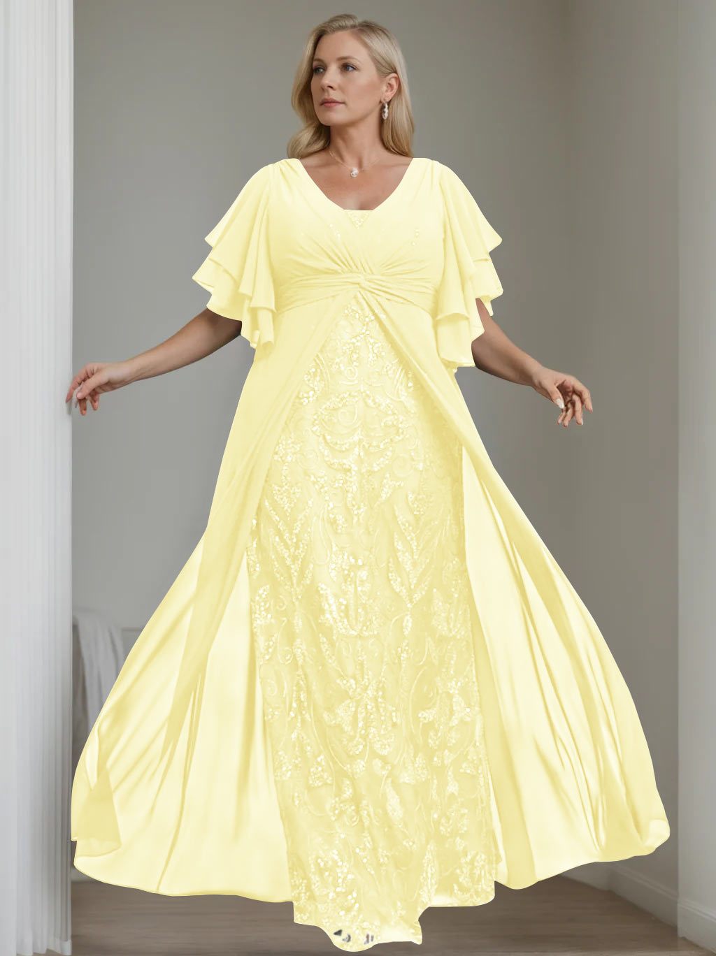 Plus Size Long Mother of the Bride A Line Dress with V Neck and Half Sleeves