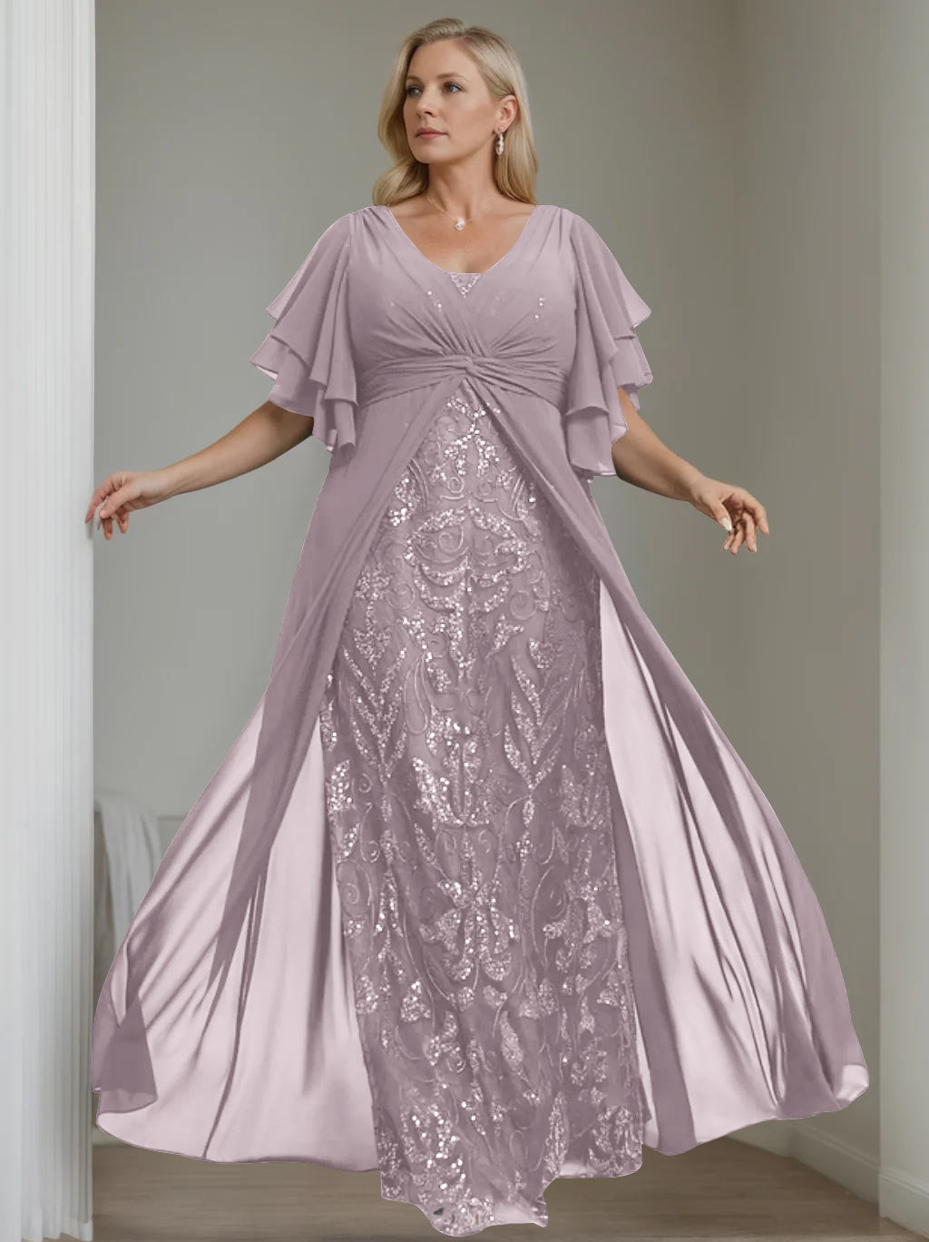 Plus Size Long Mother of the Bride A Line Dress with V Neck and Half Sleeves