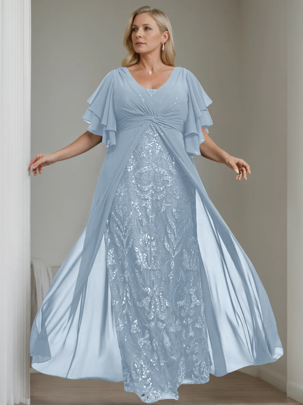 Plus Size Long Mother of the Bride A Line Dress with V Neck and Half Sleeves