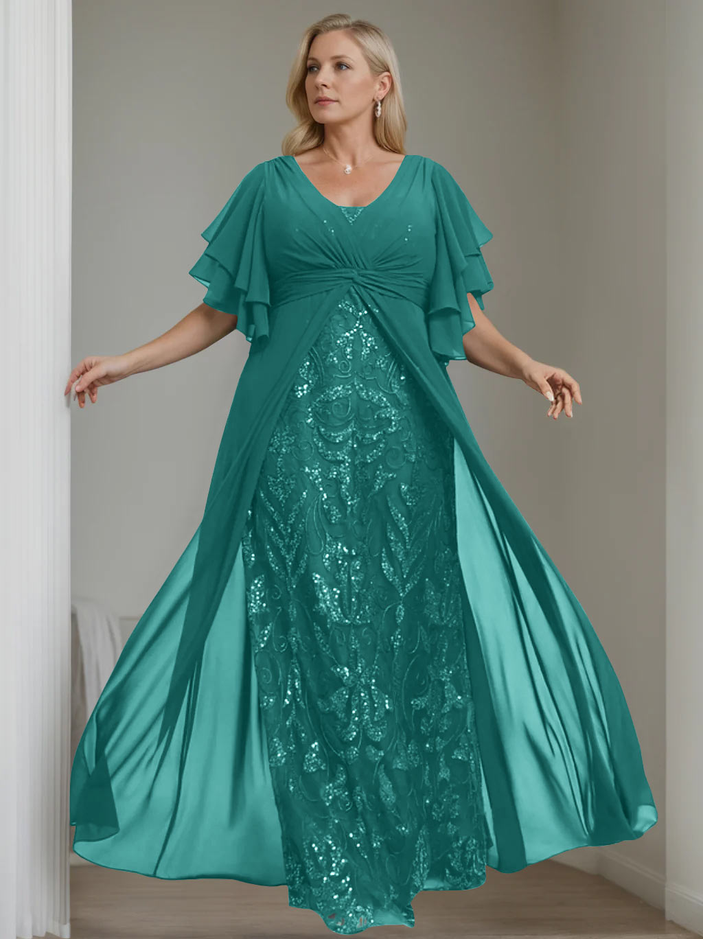 Plus Size Long Mother of the Bride A Line Dress with V Neck and Half Sleeves