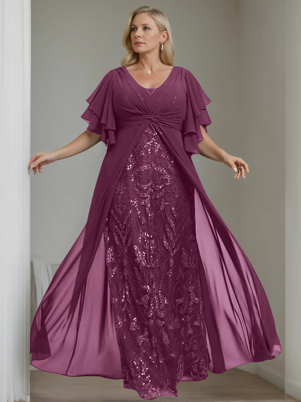 Plus Size Long Mother of the Bride A Line Dress with V Neck and Half Sleeves