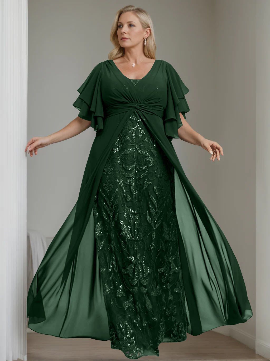 Plus Size Long Mother of the Bride A Line Dress with V Neck and Half Sleeves
