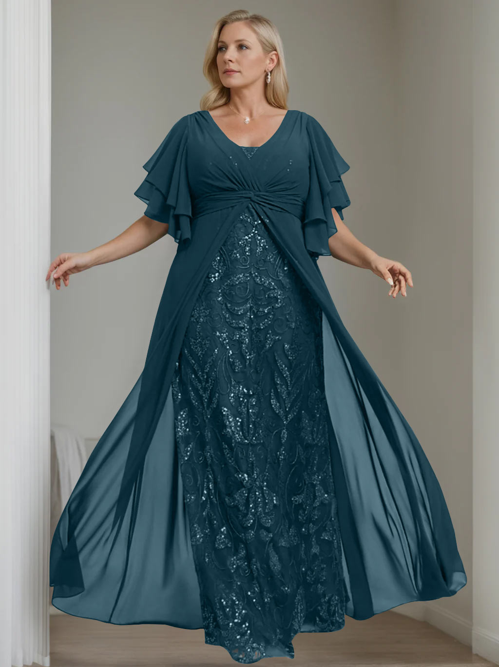 Plus Size Long Mother of the Bride A Line Dress with V Neck and Half Sleeves
