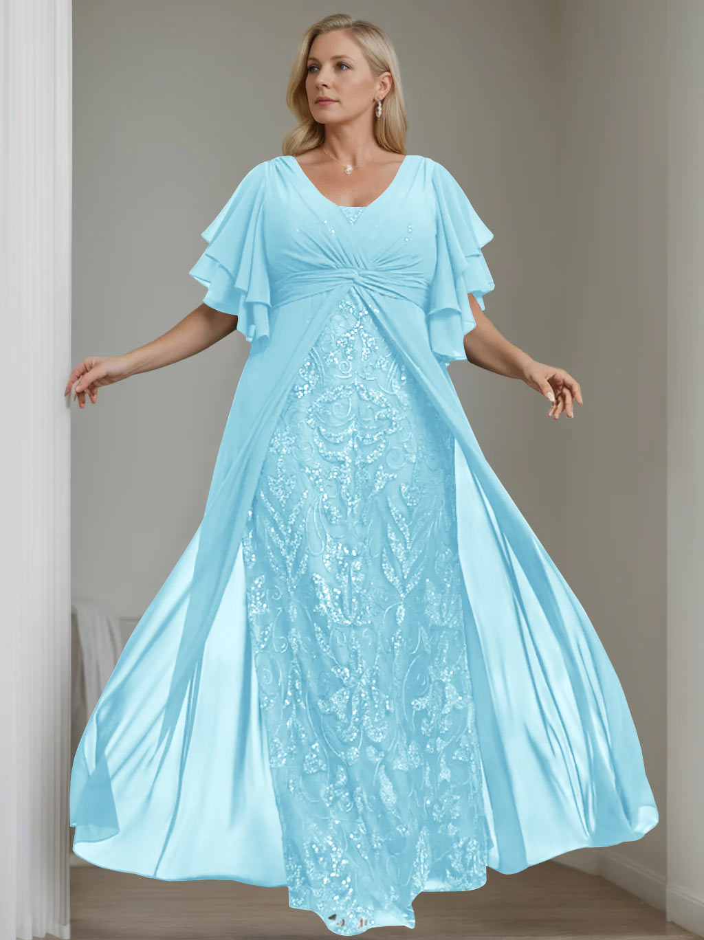 Plus Size Long Mother of the Bride A Line Dress with V Neck and Half Sleeves