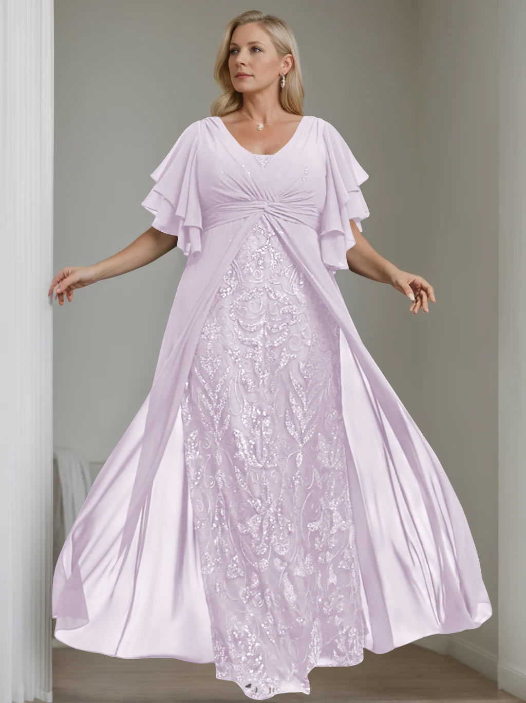 Plus Size Long Mother of the Bride A Line Dress with V Neck and Half Sleeves