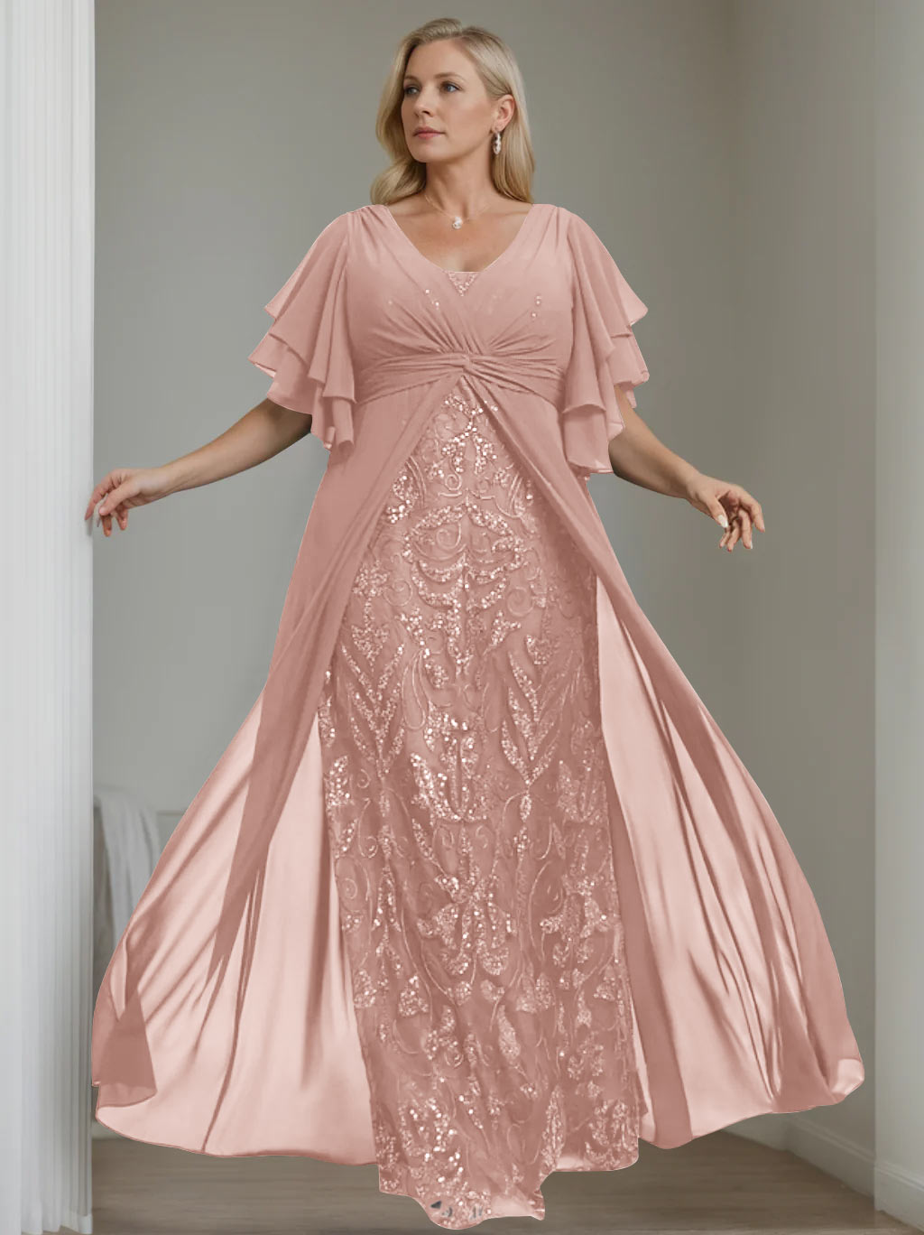 Plus Size Long Mother of the Bride A Line Dress with V Neck and Half Sleeves