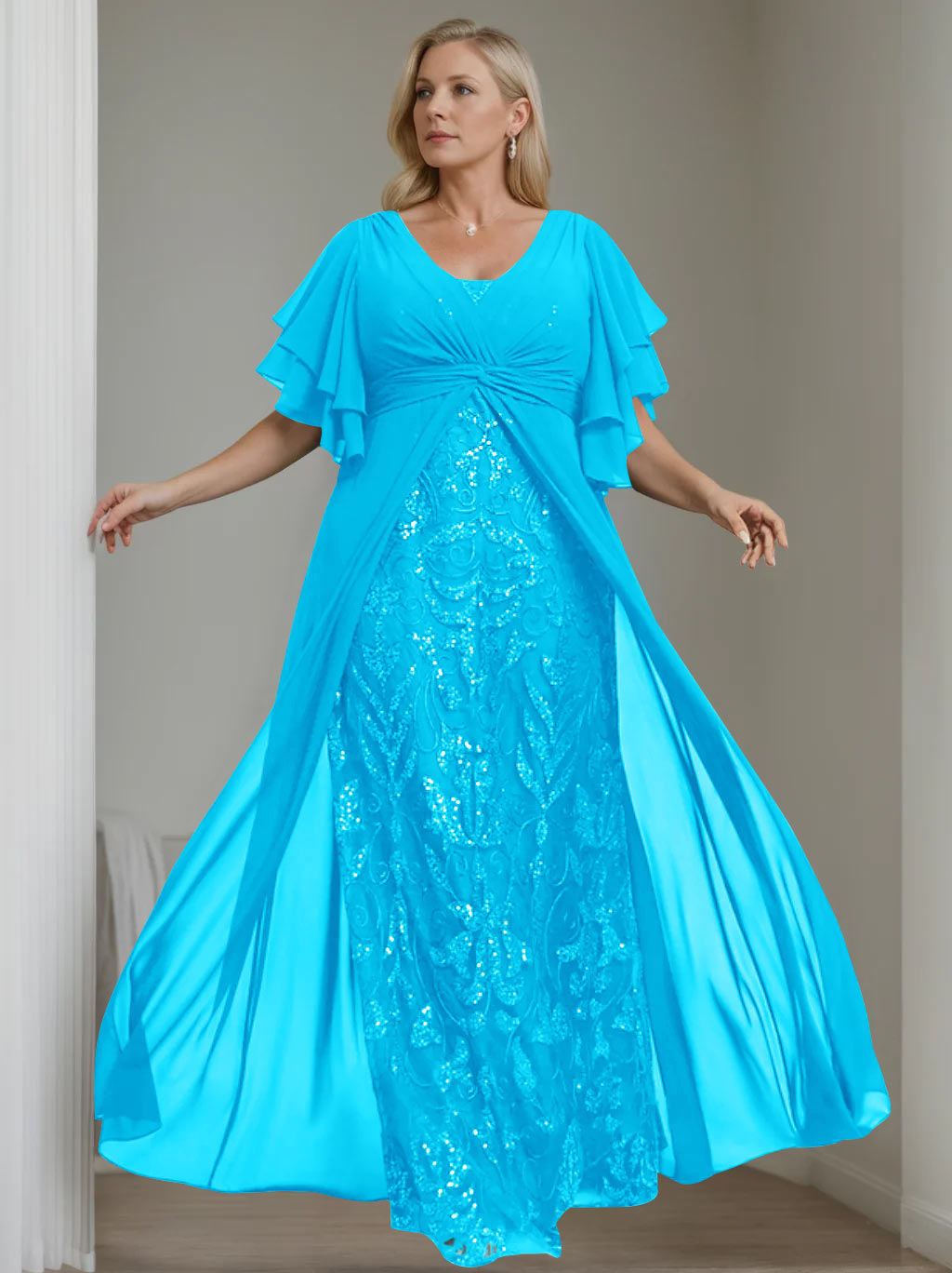 Plus Size Long Mother of the Bride A Line Dress with V Neck and Half Sleeves