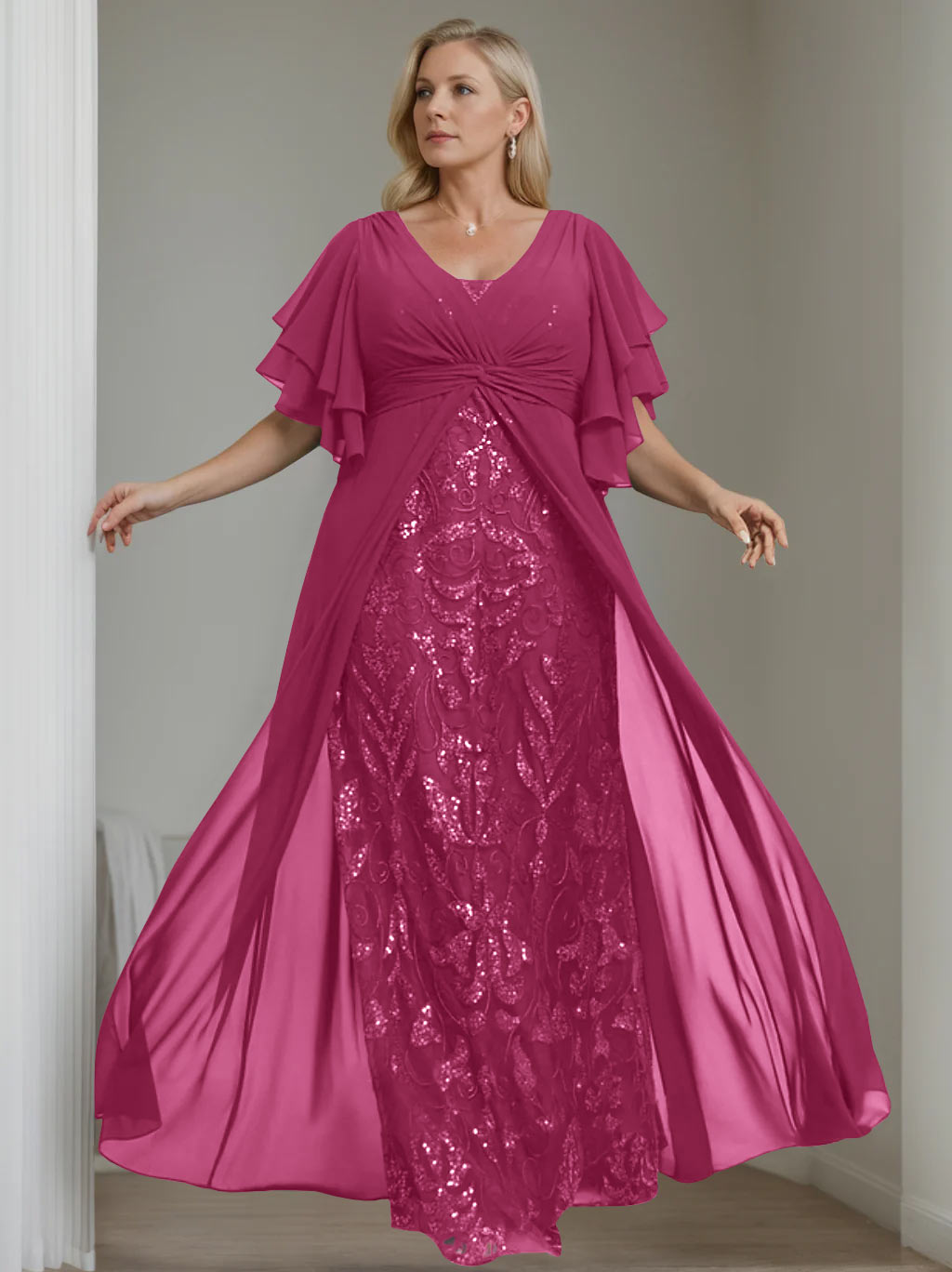 Plus Size Long Mother of the Bride A Line Dress with V Neck and Half Sleeves