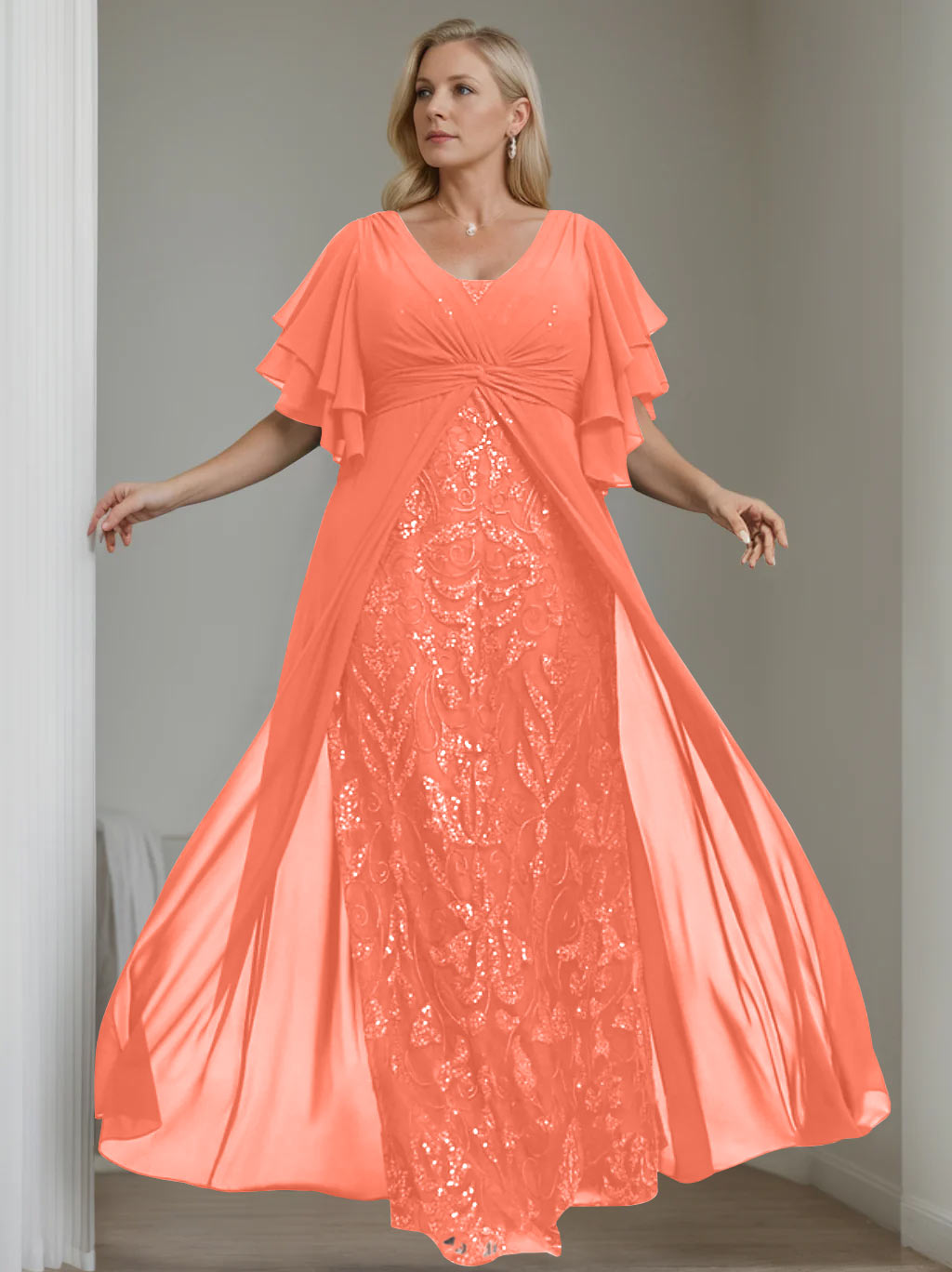 Plus Size Long Mother of the Bride A Line Dress with V Neck and Half Sleeves