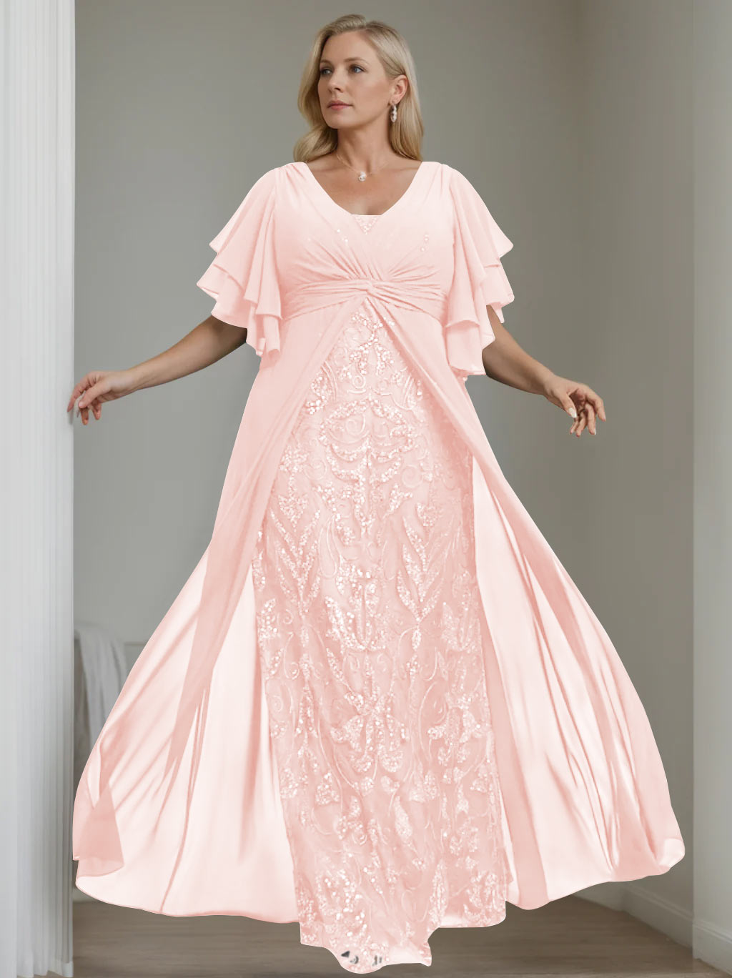 Plus Size Long Mother of the Bride A Line Dress with V Neck and Half Sleeves