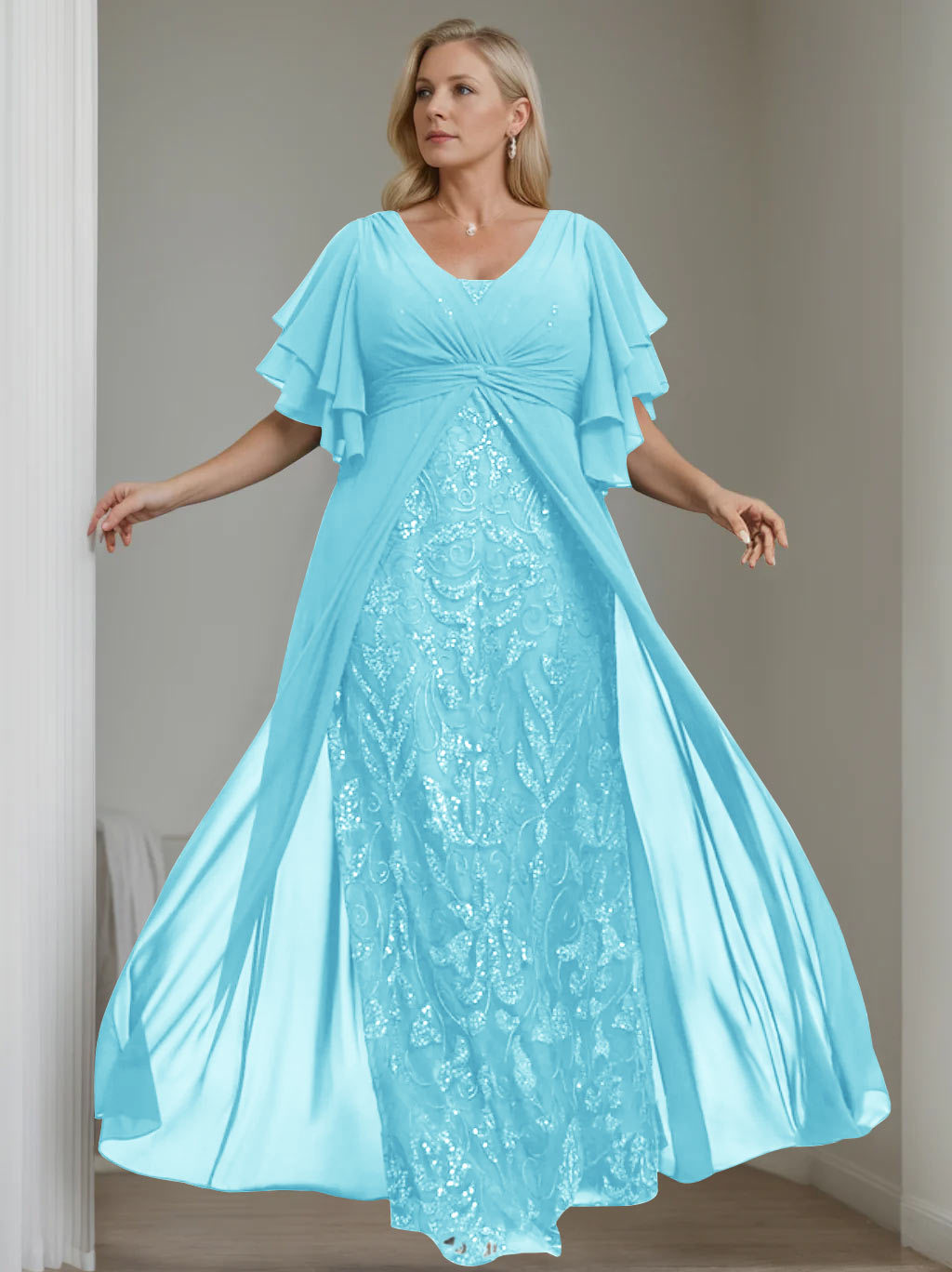 Plus Size Long Mother of the Bride A Line Dress with V Neck and Half Sleeves