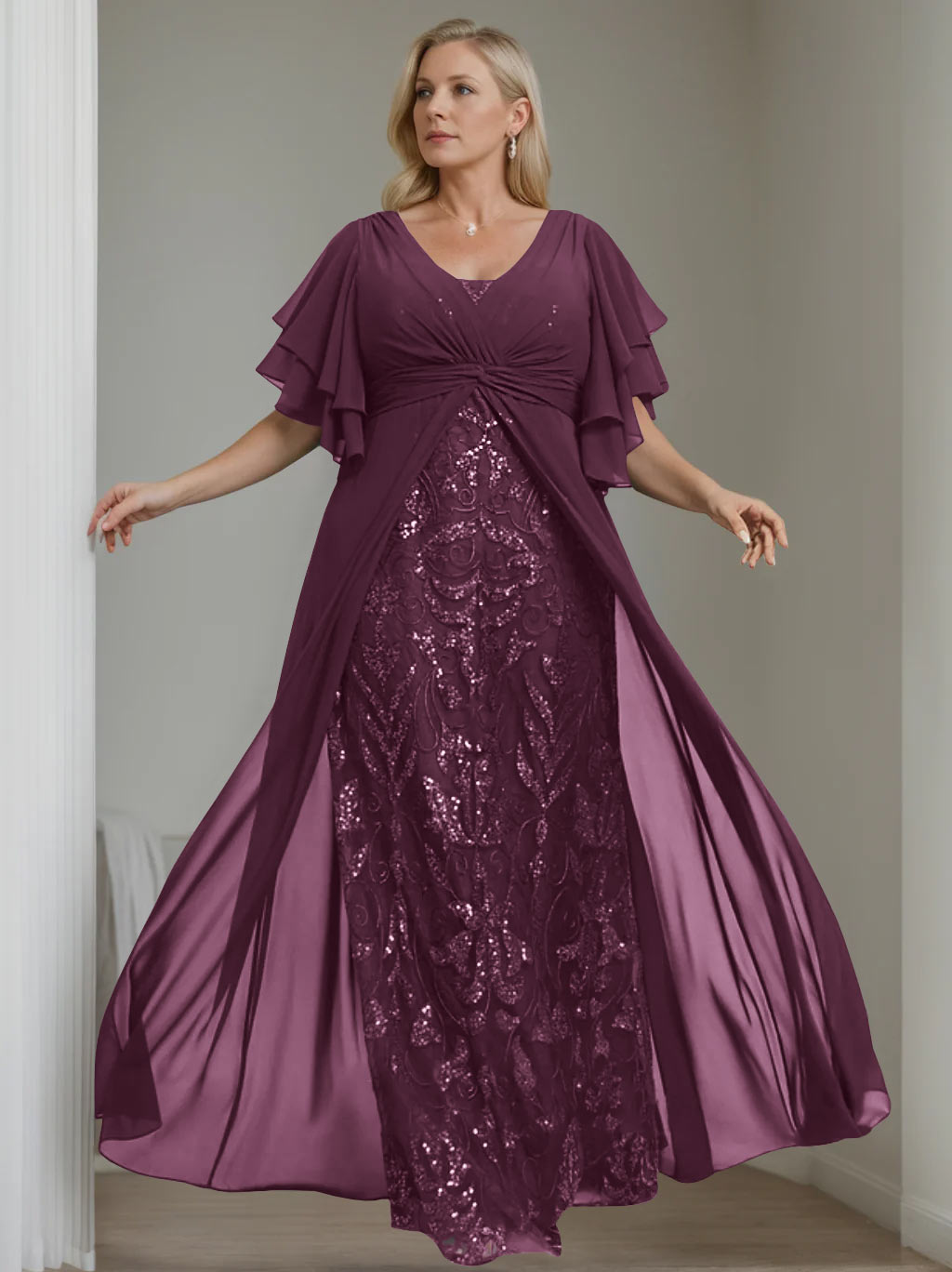 Plus Size Long Mother of the Bride A Line Dress with V Neck and Half Sleeves