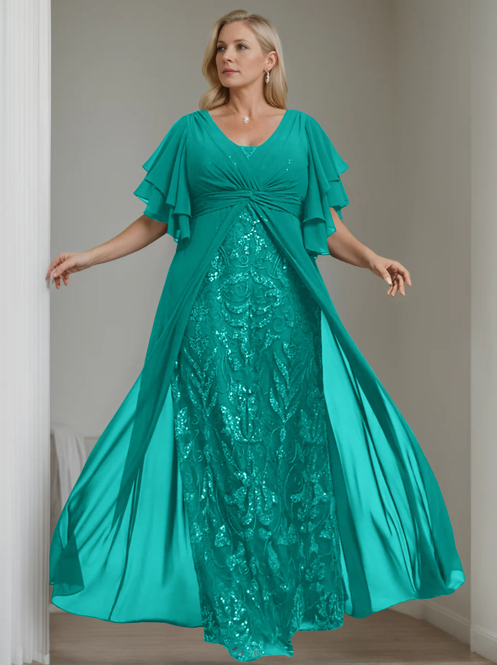Plus Size Long Mother of the Bride A Line Dress with V Neck and Half Sleeves