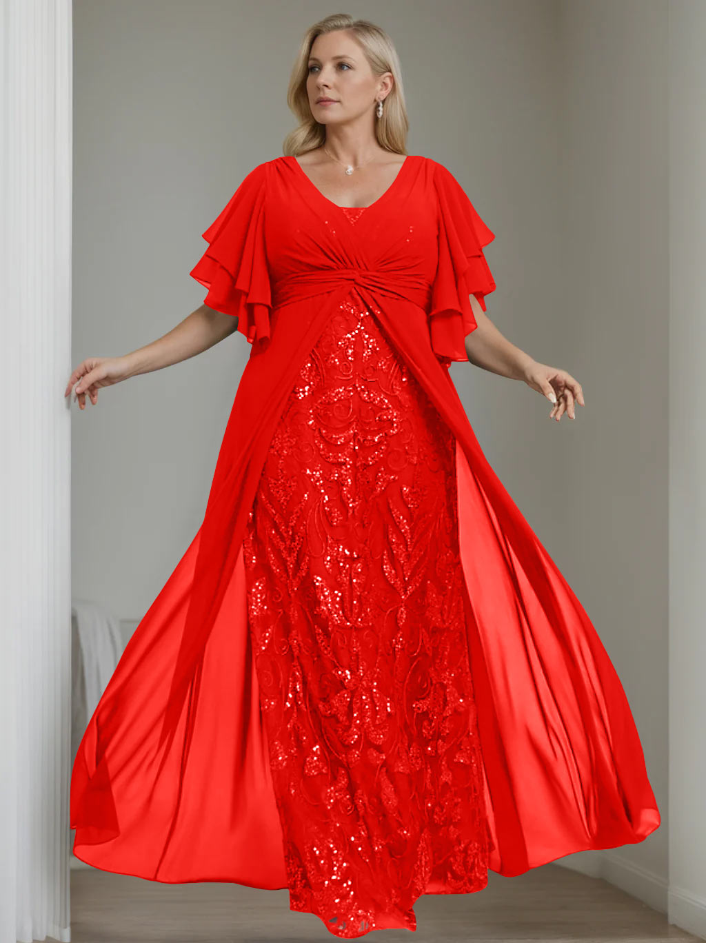 Plus Size Long Mother of the Bride A Line Dress with V Neck and Half Sleeves