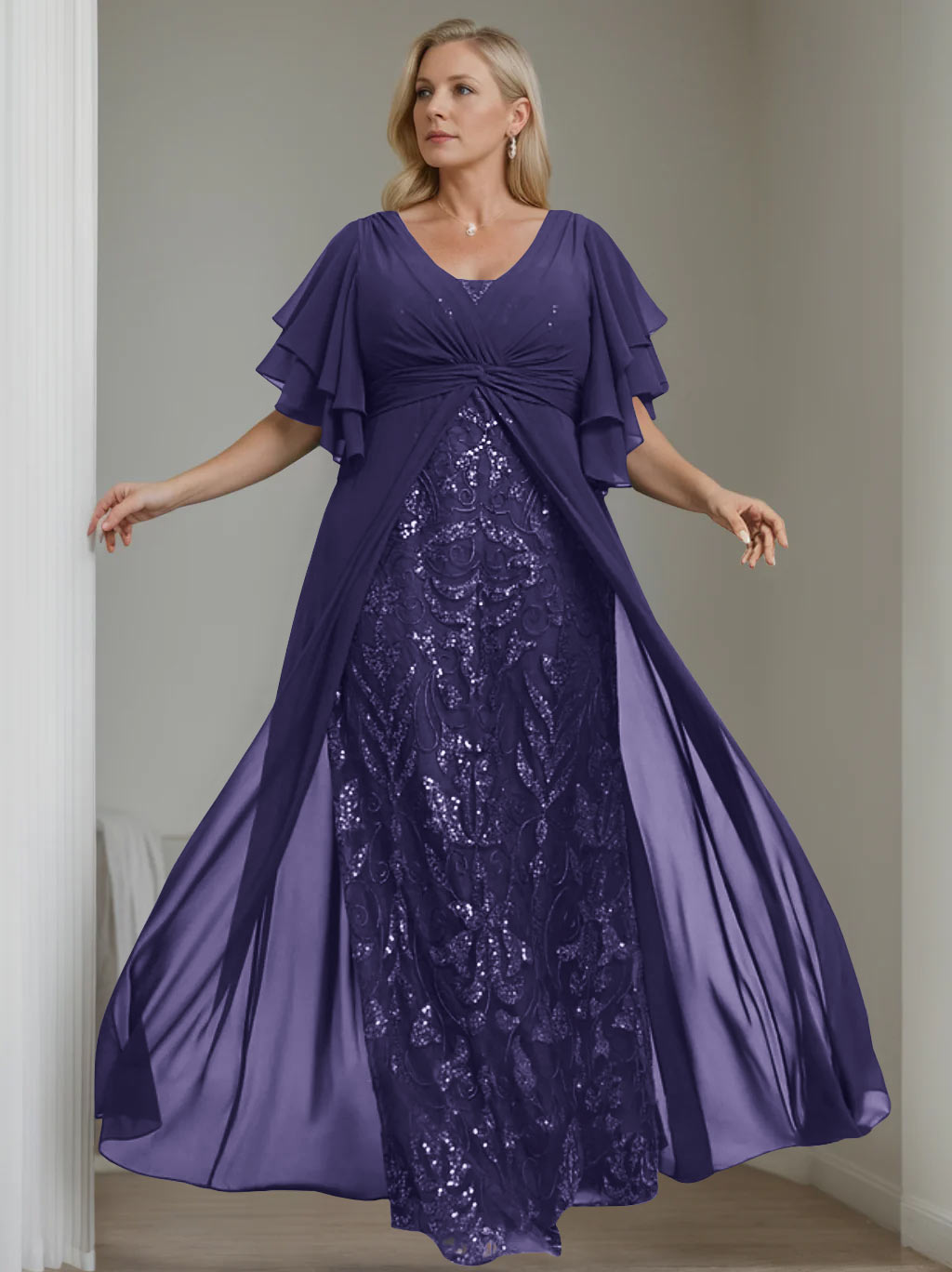 Plus Size Long Mother of the Bride A Line Dress with V Neck and Half Sleeves