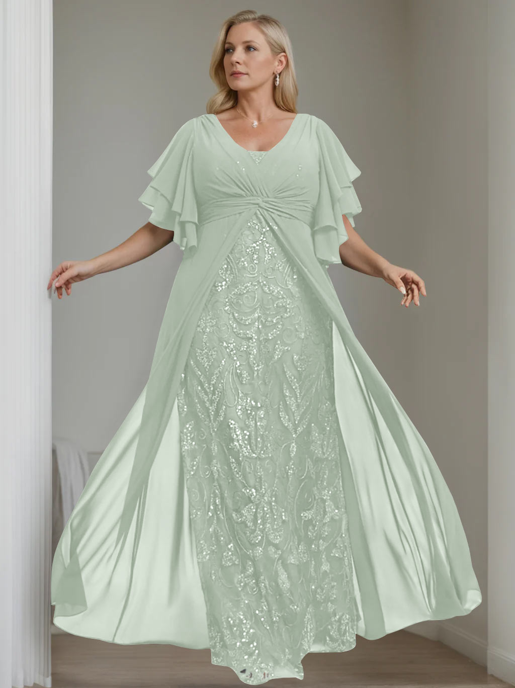 Plus Size Long Mother of the Bride A Line Dress with V Neck and Half Sleeves