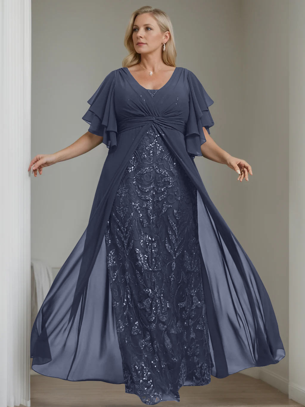 Plus Size Long Mother of the Bride A Line Dress with V Neck and Half Sleeves