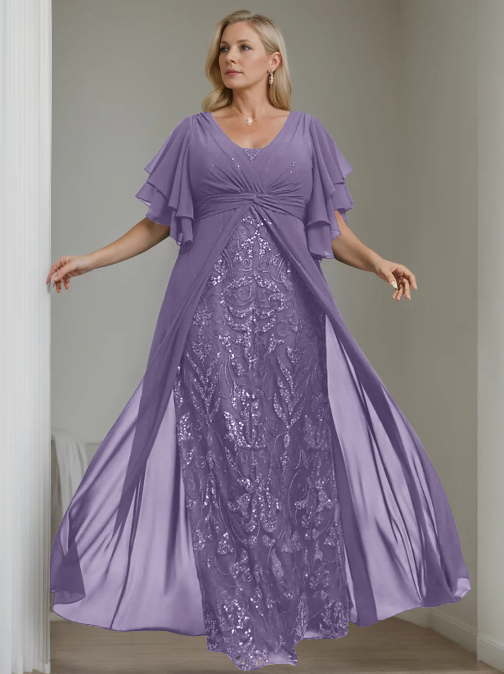 Plus Size Long Mother of the Bride A Line Dress with V Neck and Half Sleeves