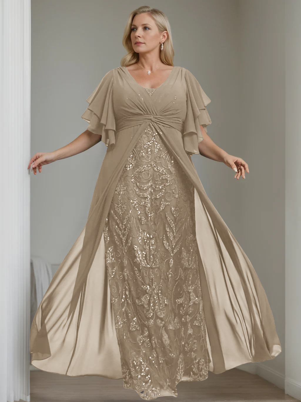 Plus Size Long Mother of the Bride A Line Dress with V Neck and Half Sleeves